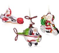 BRUBAKER Set de 3 boules de Noël Père Noël en voyage - Boules de Noël peintes à la main Père Noël avec moto, avion et hélicoptère - Décorations de Noël en verre soufflé à la bouche Décorations de Noël