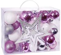 BRUBAKER Set de 50 boules de Noël avec pointe d'arbre - Décorations de Noël en rose, blanc et argent