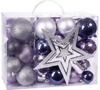 Brubaker Set de 50 boules de Noël avec pointe d'arbre - Décorations de Noël en violet argenté