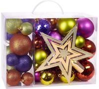 Brubaker Set de 50 boules de Noël avec pointe d'arbre - Décorations de Noël Multicolores en Violet Vert Orange
