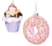 BRUBAKER Set de boules d'arbre Muffin & Donut - Boules de Noël peintes à la main Douceur en rose - Décorations d'arbre de Noël en verre soufflé à la bouche - Sweets Décorations d'arbre Drôle - Set de