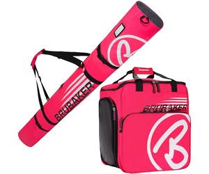 BRUBAKER Set de Ski ‘Champion’ - Série limitée - Housse à Skis et Sac à Chaussures de Ski pour 1 Paire de Skis + Bâtons + Chaussures + Casque - 190 cm - Fuchsia Fluo Blanc