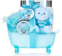 BRUBAKER Set de soin pour bébé 7 pièces - Set de bienvenue pour garçon - Set cadeau pour bébé avec baignoire et ours en peluche - Bleu clair bleu