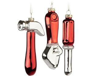 BRUBAKER Set Outils - Set de 3 Boules de Noël en Verre - Tournevis, Marteau et Clé à Molette - 12 cm Outils Boules d'arbre pour Artisans - Soufflé à la Bouche et Peint à la Main - Rouge