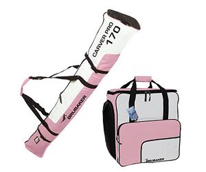 Brubaker Set Sac de Ski et Sac à Chaussures pour 1 Paire Jusqu'à 170 cm + Bâtons + Chaussures + Casque Rose/Blanc