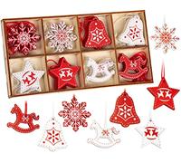 BRUBAKER - Suspensions pour Sapin de Noël - 24 Pièces - Étoiles/Cloches/Chevaux à Bascule - Ornements en Bois - Décoration Arbre de Noël - Hauteur 3-4 cm - Rouge/Blanc