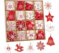 BRUBAKER - Suspensions pour Sapin de Noël - 48 Pièces - Étoiles/Cloches/Chevaux à Bascule - Ornements en Bois - Décoration Arbre de Noël - Hauteur 3-4 cm - Rouge/Blanc
