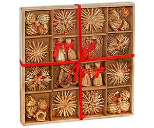 BRUBAKER - Suspensions pour Sapin de Noël - 48 Pièces - Étoiles/Cœurs/Anges en Paille - Décoration de Noël Naturelle - Hauteur jusqu'à 6,5 cm