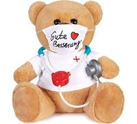 Brubaker Teddy Ours en peluche avec protège-dents et stéthoscope - Bon rétablissement - 35 cm - Ours en peluche avec chemise de médecin blanche - Teddy en peluche Doudou - Marron clair
