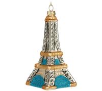BRUBAKER Tour Eiffel - Boule de Noël en verre peinte à la main - 14 cm Boule d'arbre Paris Décoration - Blanc, or et bleu - Décorations de Noël soufflées à la bouche