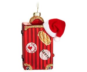 BRUBAKER Valisette du Père Noël Rouge avec Bonnet de Noël - Boule de Noël en Verre Peinte à la Main 12 cm - Décoration Arbre de Noël Soufflée à la Bouche - Figure Drôle Déco Pendentif