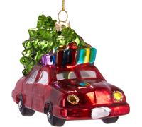 BRUBAKER Voiture avec sapin de Noël sur le toit Rouge - Boule de Noël en verre peinte à la main - Décorations de Noël Figures drôle de boule de sapin - environ 12 cm