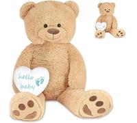 BRUBAKER XXL Ours en Peluche Beige 100 cm avec Cœur Hello Baby Bleu - Cadeau Peluche pour Naissance, Baby Shower et Nouveaux-nés Garçons - Animal en Peluche avec Coussin en Forme de Cœur