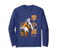 Bruce Lee Iconic Fight Pose Yellow Text Retro Martial Arts Manche Longue, Unisexe pour Adultes, Bleu Marine, S