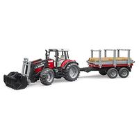 Bruder Tracteur MASSEY FERGUSON 7480 avec fourche et remorque de transport de bois