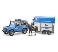bruder 02588 - Land Rover Defender Véhicule de police, remorque à chevaux, 1 cheval, 1 policier, module son et lumière