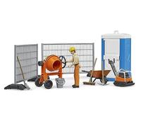 Bruder Kit de chantier Bworld 62008 – ouvrier, plaque vibrante, malaxeur, WC