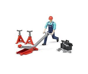 bruder - 62100 - Set Mécanicien Bworld avec Figurine Et Accessoires - Bleu | Figurine de mécanicien avec cric, chandelles, boîte à outils, outils
