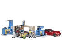 bruder 62111 - Station-Service Bworld avec Pompe à Essence, Station de Recharge pour Voitures électriques, Station de Lavage, pompiste - 1:16 Set de Jeu, Station de Lavage, Voiture de Course, Voiture