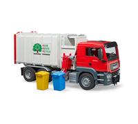 Bruder Camion poubelle MAN TGS blanc et rouge, avec 2 poubelles avec chargement latéral