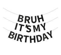 Bruh Bannière d'anniversaire pré-enfilée avec inscription « It's My Birthday » - Noir pailleté - Décoration de fête pour adolescents, garçons et filles