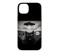 Bruh Black Cat Selfie UFO Alien Vaisseau Spatial Paranormal Meme Coque pour iPhone 14 Plus