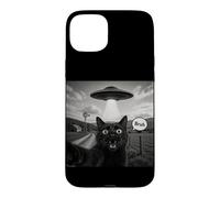 Bruh Black Cat Selfie UFO Alien Vaisseau Spatial Paranormal Meme Coque pour iPhone 15 Plus