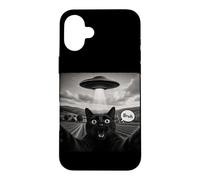 Bruh Black Cat Selfie UFO Alien Vaisseau Spatial Paranormal Meme Coque pour iPhone 16 Plus