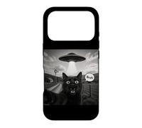 Bruh Black Cat Selfie UFO Alien Vaisseau Spatial Paranormal Meme Coque pour iPhone 17 Pro