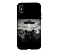 Bruh Black Cat Selfie UFO Alien Vaisseau Spatial Paranormal Meme Coque pour iPhone X/XS