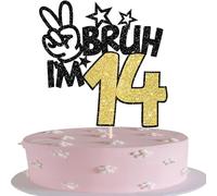 BRUH I'm 14 Décoration de gâteau à paillettes Happy 14th Anniversaire Décoration de gâteau Bruh I'm 14 ans Décoration de gâteau pour prost sur 14 ans Enfants 14e anniversaire Décoration de gâteau Noir