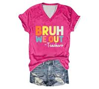 Bruh We Out Teachers T-shirt amusant pour femme avec lettres, col en V, manches courtes, cadeau pour enseignant, costume d'aérobic pour femme, Rose, XL