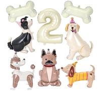 BruinBang Lot de 8 ballons en aluminium Mylar pour décoration de fête d'anniversaire en forme de chien avec motif chiffre 2 et os blanc crème pour animal de compagnie, cadeau de fête prénatale