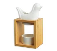 ZEN AROME Brûle parfum Série Naturéa - Birdy blanc - céramique et bambou - 17 x 11 x 7.5 cm
