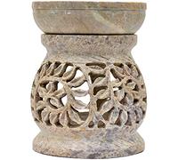 Brûle-parfum bombé Diffuseur pour bougies chauffe-plat hauteur 11cm Grille décorative motif Plantes grimpantes Lierre Lumignon en Stéatite pierre à savon Artisanat indien