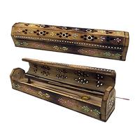 Brûleur à encens (encensoir) Boîte en Bois décorée à la Main en Inde - Design Exclusif de Fleurs colorées. 30,5 x 6,2 x 5,5 cm. Poids : 240 g. Porte encens en Bois.