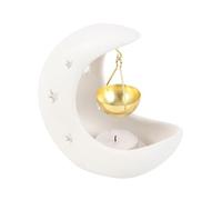 Brûleur à huile en céramique à suspendre en forme de croissant de lune blanc avec plat en métal doré - Élégant support d'aromathérapie pour une ambiance intérieure tranquille et une touche décorative