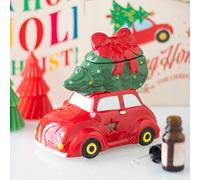 Brûleur à huile en forme de sapin de Noël - Voiture rouge vintage pour huiles parfumées de vacances - Décoration d'intérieur festive avec charme rétro - Alimenté par une bougie chauffe-plat