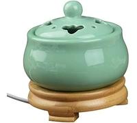 Brûleur D’encens électrique en Céramique Temporisé, Diffuseurs D’Huile Parfumée Réglables en Température, Bougies en Bois D’agar en R, Green Bamboo Base, Metal Cover
