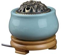 Brûleur D’encens électrique en Céramique Temporisé, Diffuseurs D’Huile Parfumée Réglables en Température, Bougies en Bois D’agar en R, Blue Bamboo Base, Metal Cover
