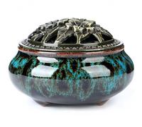 Brûleur d'encens en céramique avec porte-encens + isolation pour bâtons d'encens ou spirales, cônes de sauge et encens (bleu brûlé)