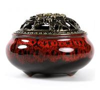 Brûleur d'encens en céramique avec porte-encens + isolation pour bâtons d'encens ou spirales, cônes de sauge et encens (rouge brûlé)