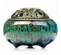 Brûleur d'encens en céramique avec porte-encens + isolation pour bâtons d'encens ou spirales d'encens, cône de sauge et encens (nouveau vernis de changement de four bleu)