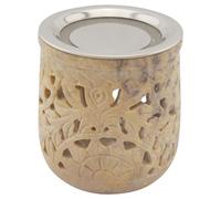 Brûleur d'encens fabriqué à la main en stéatite beige marbré - Design « Jamal » avec passoire en acier inoxydable et disque en métal - Pour encens et herbes - Hauteur 10 cm