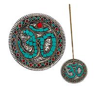 Brûleur d'encens rond en aluminium avec inserts Motif Om Turquoise fabriqué à la main en Inde (Turquie)