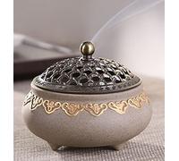 Brûleur d'encens vintage en céramique - Porte-encens rond en porcelaine chinoise avec couvercle en métal et résistant au feu - Pour la maison, le salon, la salle de méditation, le bureau