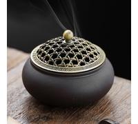 Brûleur d'encens vintage en céramique - Porte-encens rond en porcelaine chinoise avec couvercle en métal et résistant au feu - Pour la maison, le salon, la salle de méditation, le bureau