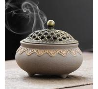 Brûleur d'encens vintage en céramique - Porte-encens rond en porcelaine chinoise avec couvercle en métal et résistant au feu - Pour la maison, le salon, la salle de méditation, le bureau