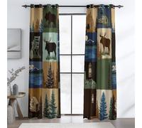 Brun Foncé Rideaux Occultants Thermiques à Œillets, Imprimés Lignes Simples d'ours Et De Pins, Anti-Froid et Anti-Bruit pour Chambre Salon Cuisine, L 110 x H 215 cm (2 Panneaux)