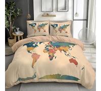 Brun Housse De Couette Enfant Ado 140x200 cm Carte du Monde Couleur rétro 3D Parure de Lit 1/2 Personne Polyester Coton 3 Pièces Housse De Couette avec 2 Taies d'oreiller 65x65 cm